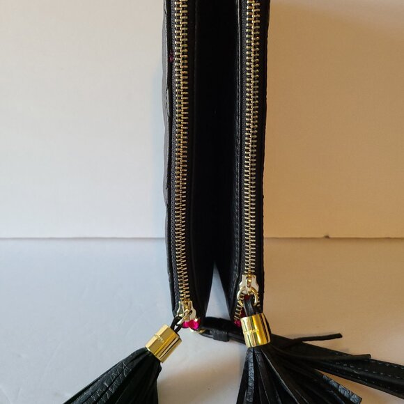 JUICY COUTURE BLACK CLUTCH QUILTED DOUBLE ZIPPER TASSEL WRISTLET GOLD HEARTS - Picture 7 of 10
